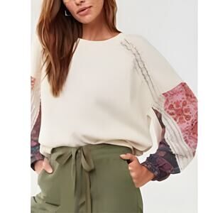 Forever 21 Womens Boho Artsy Waffle Knit Lace‎ Crochet Balloon Sleeve Top Size S